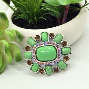 Joan Rivers Jade Green and Amber Tone AB Stone Brooch Pin Silver-tone